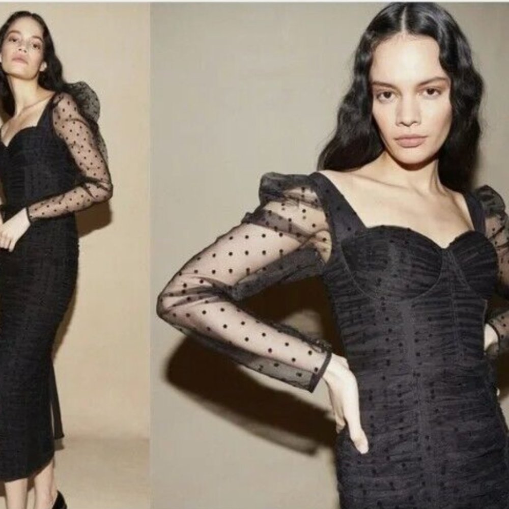 Self Portrait Black Dot Mesh Shirred Midi Dress 6